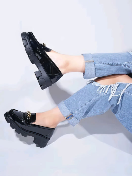 Women Slip-On Heeled Loafers with Metal Accent
