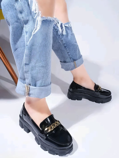 Women Slip-On Heeled Loafers with Metal Accent