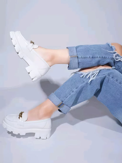Women Slip-On Heeled Loafers with Metal Accent