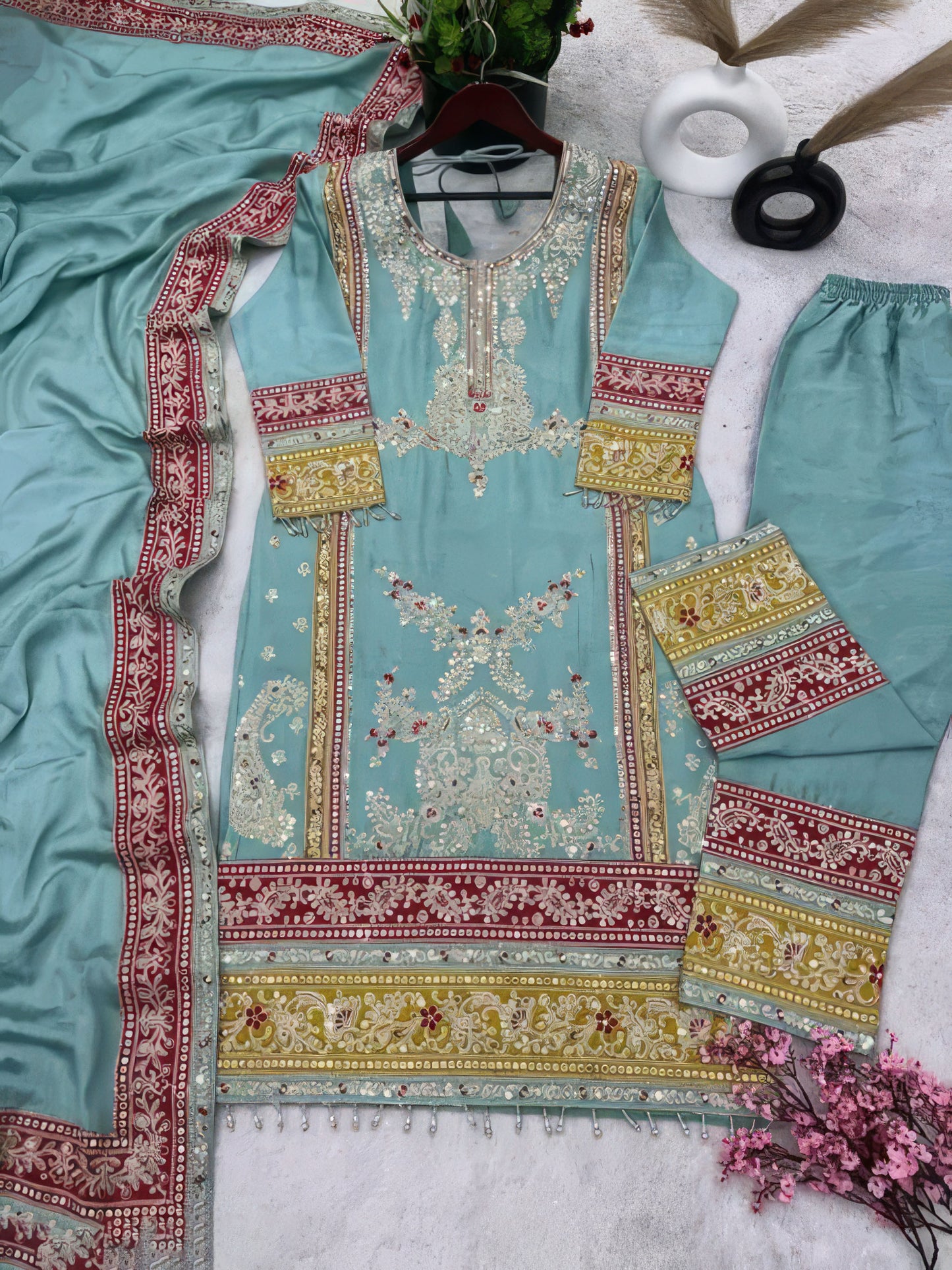 Blue Floral Embroidered Designer Suit