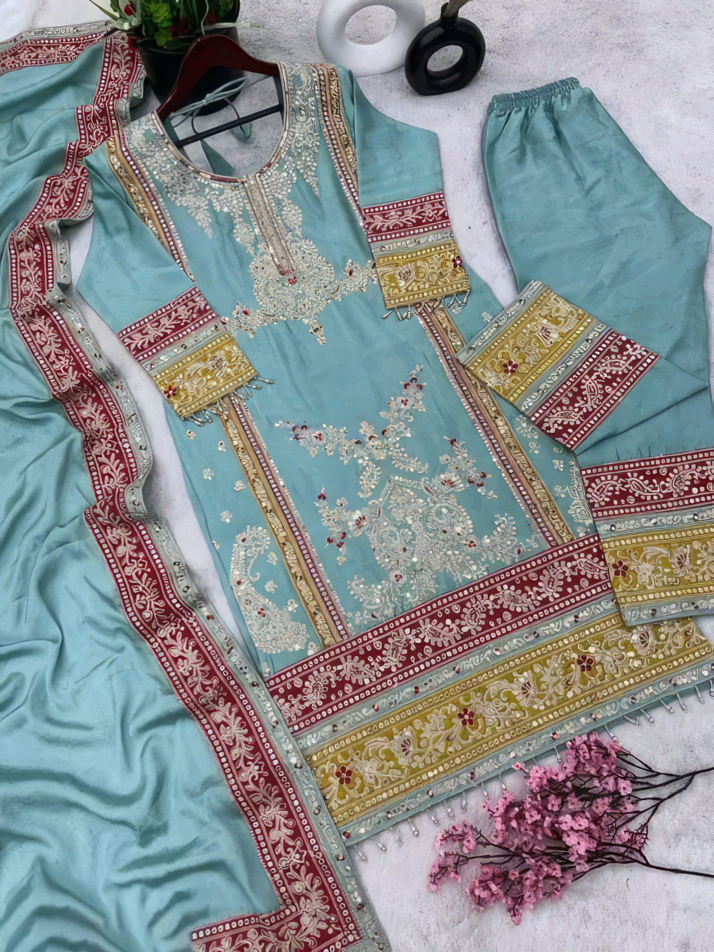 Blue Floral Embroidered Designer Suit