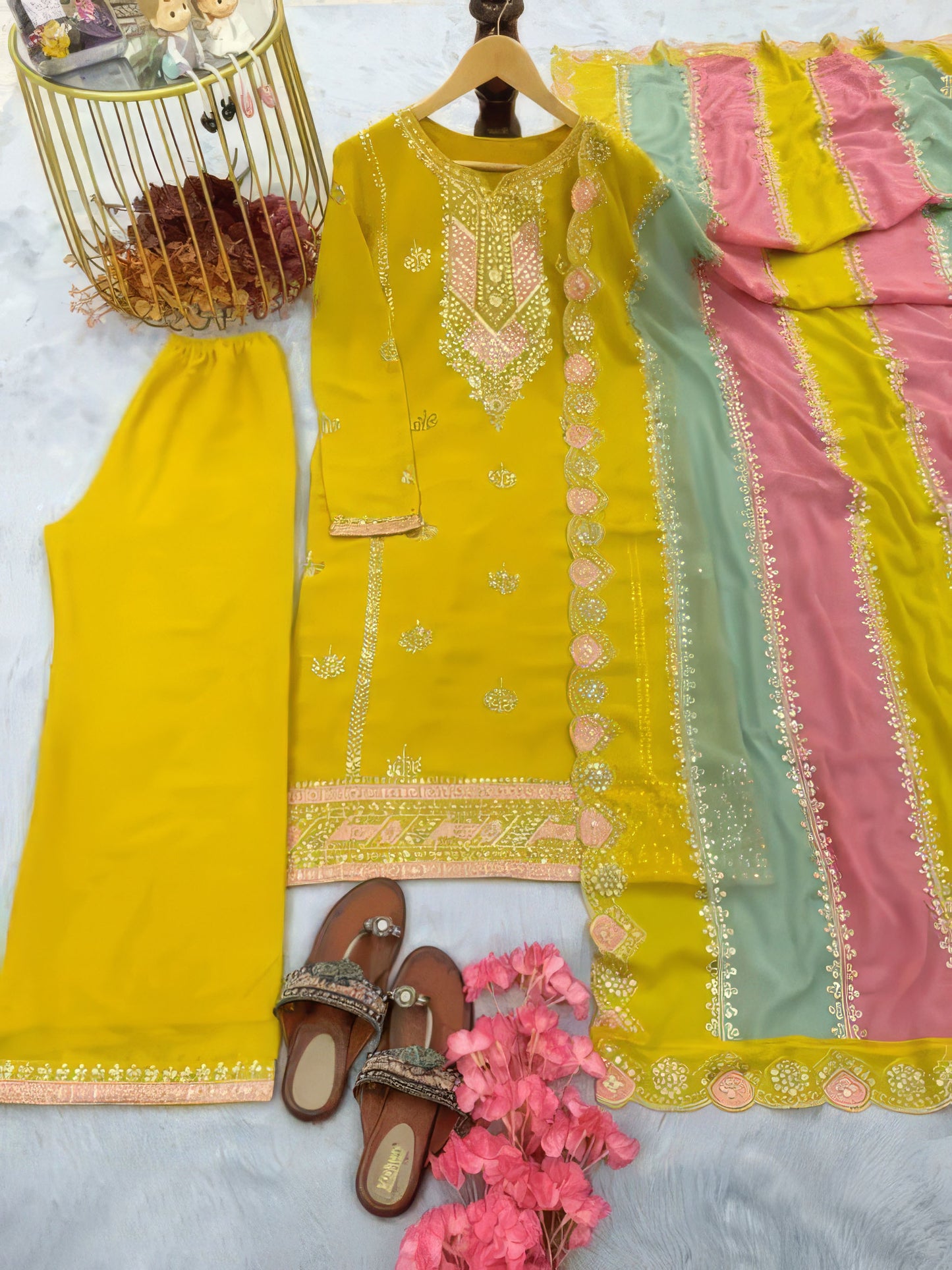Yellow Georgette Embroidery Lehenga