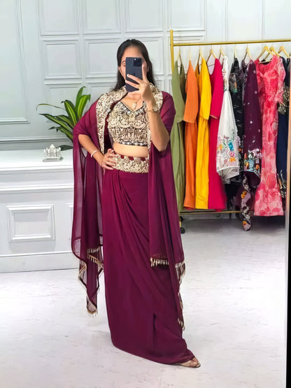 Crimson Red Lehenga Set With Embroidered Blouse And Mesh Jacket