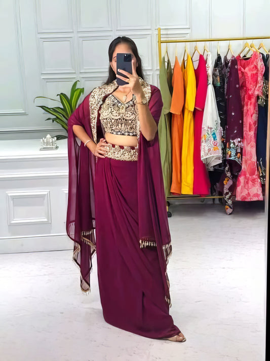 Crimson Red Lehenga Set With Embroidered Blouse And Mesh Jacket