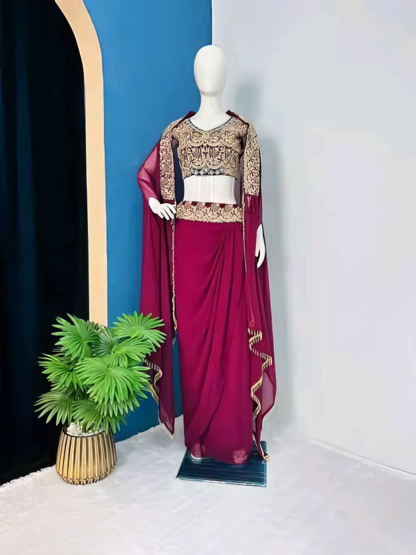 Crimson Red Lehenga Set With Embroidered Blouse And Mesh Jacket