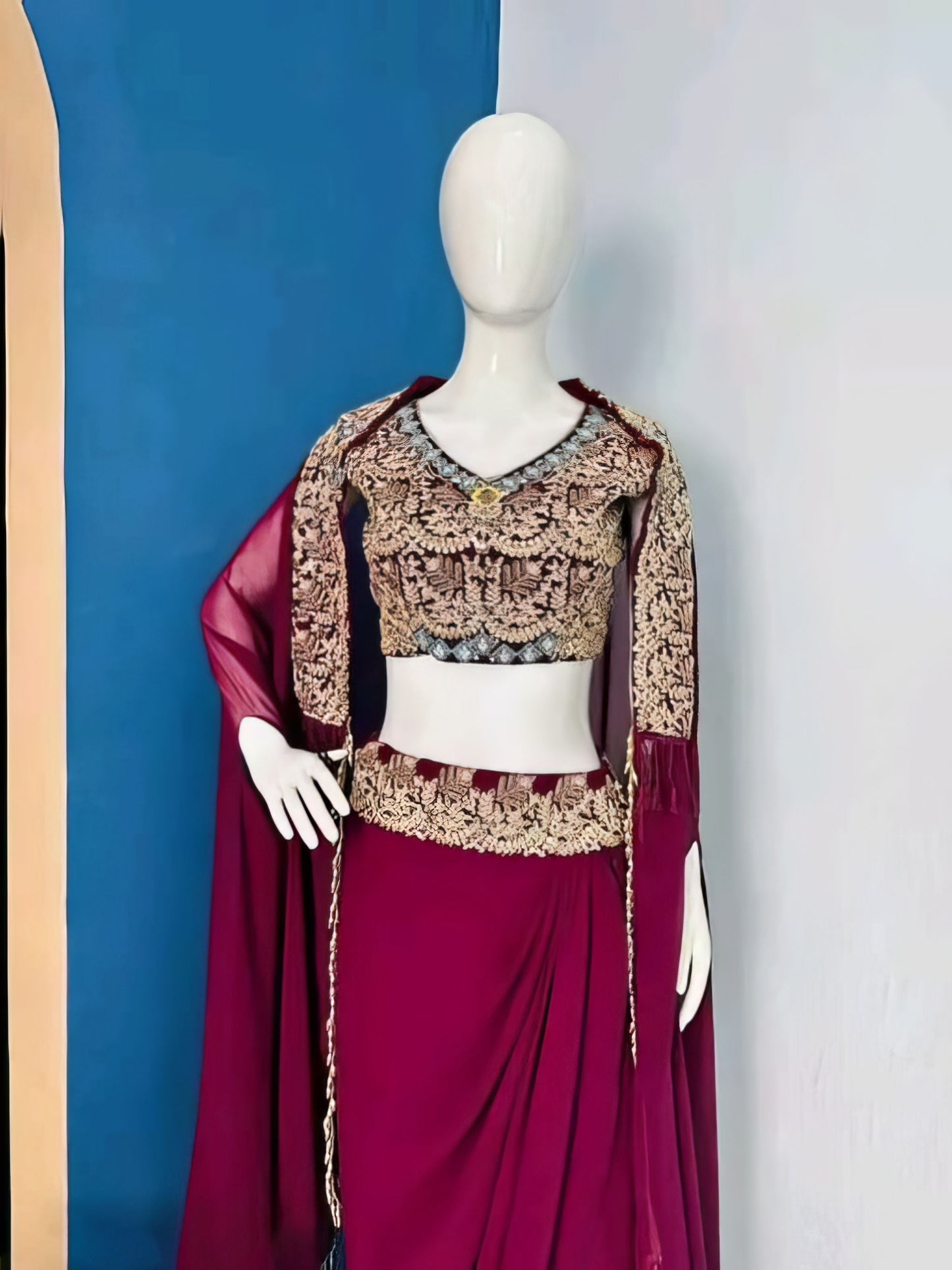 Crimson Red Lehenga Set With Embroidered Blouse And Mesh Jacket