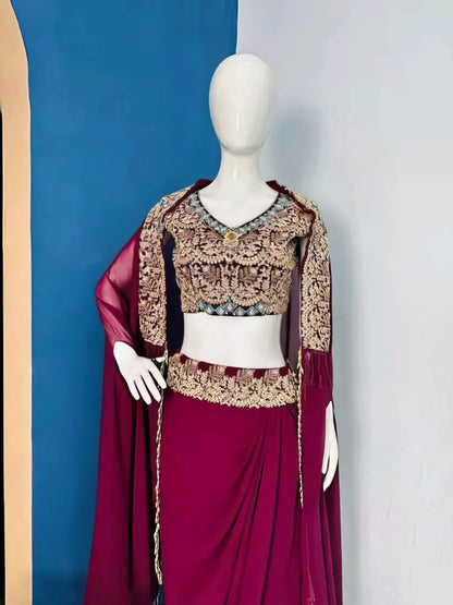 Crimson Red Lehenga Set With Embroidered Blouse And Mesh Jacket